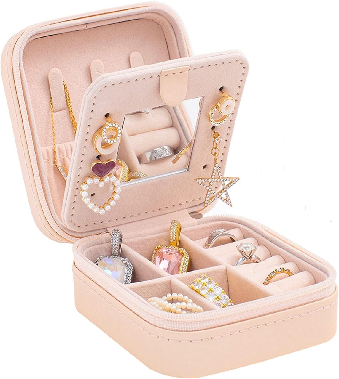 Travel Jewelry Case – Compact Jewelry Organizer Box with Mirror, Small Gift for Girls & Women (Pink)